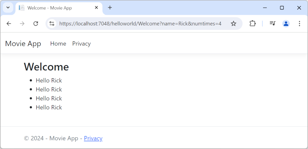 Privacy view showing a Welcome label and the phrase Hello Rick shown four times