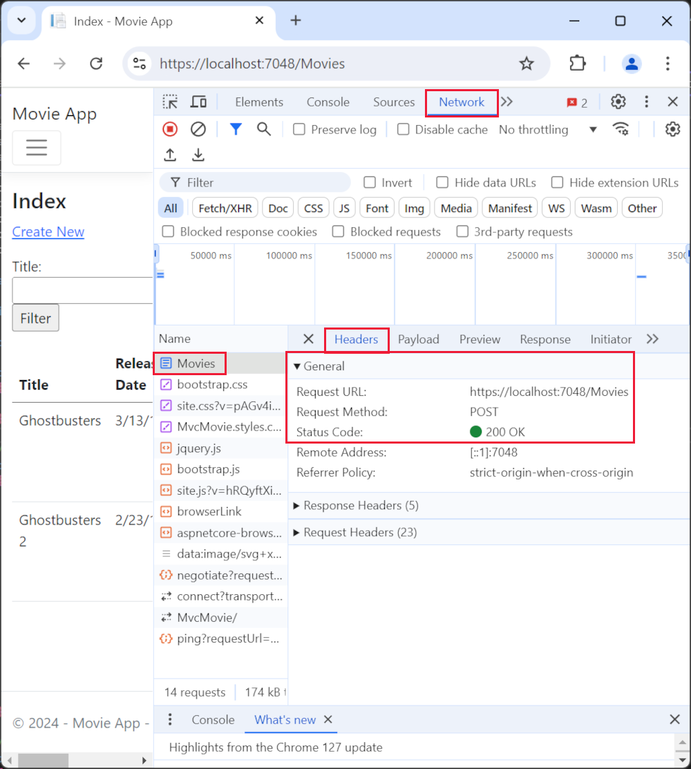 Network and Headers tabs of Chrome browser Developer Tools showing a request body with a searchString value of ghost