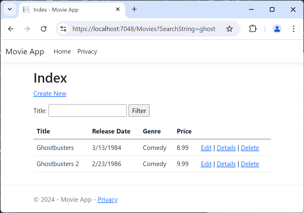 Browser window showing the searchString=ghost in the Url and the movies returned, Ghostbusters and Ghostbusters 2, contain the word ghost