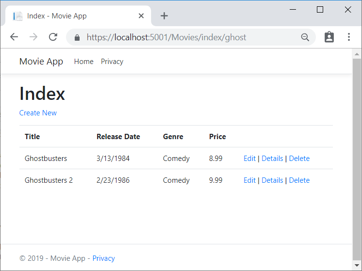 Index view with the word ghost added to the Url and a returned movie list of two movies, Ghostbusters and Ghostbusters 2
