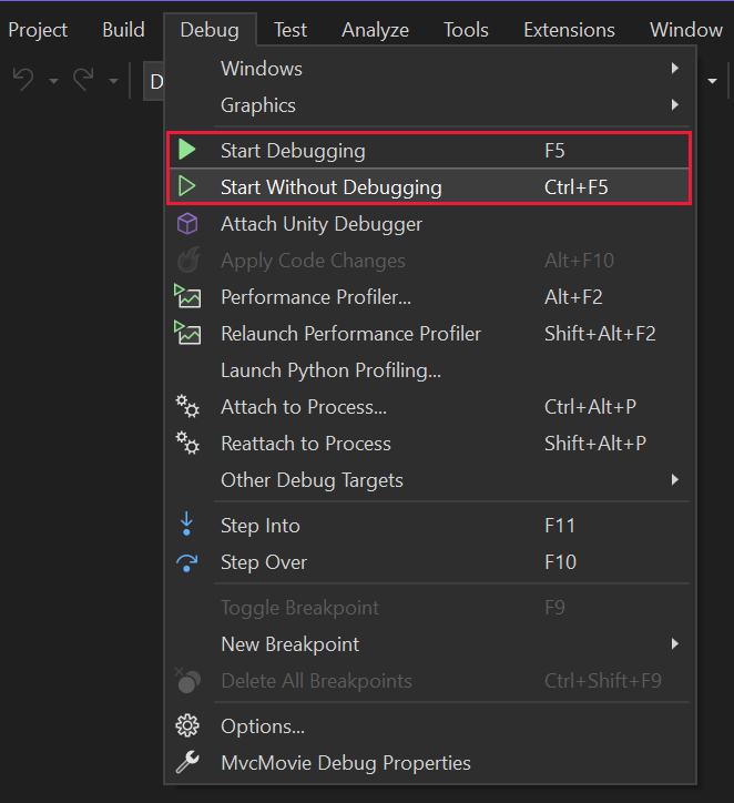 Start Debug and Start Without Debugging menus