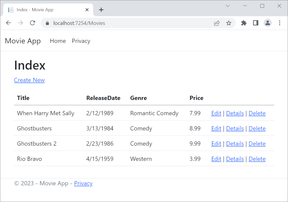 MVC Movie app open in Microsoft Edge showing movie data