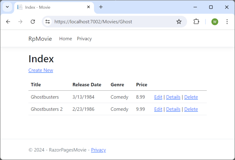 Index view with the word ghost added to the Url and a returned movie list of two movies, Ghostbusters and Ghostbusters 2