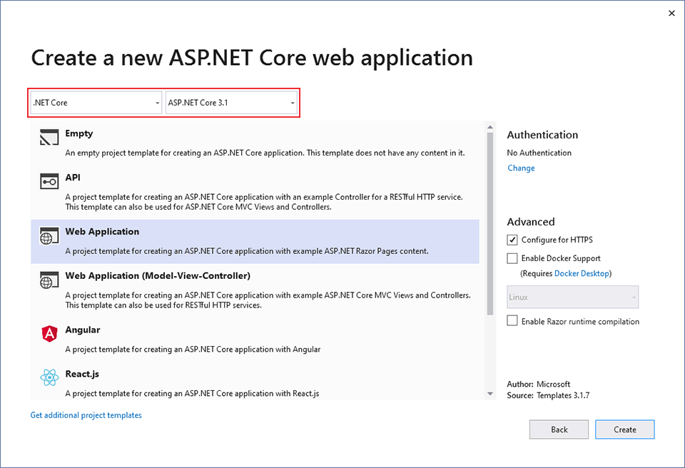 New Project dialog in Visual Studio