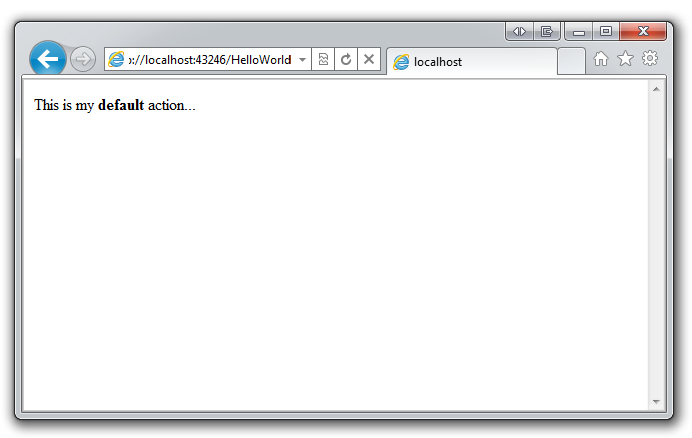 Screenshot that shows the browser with the text This is my default action in the window.