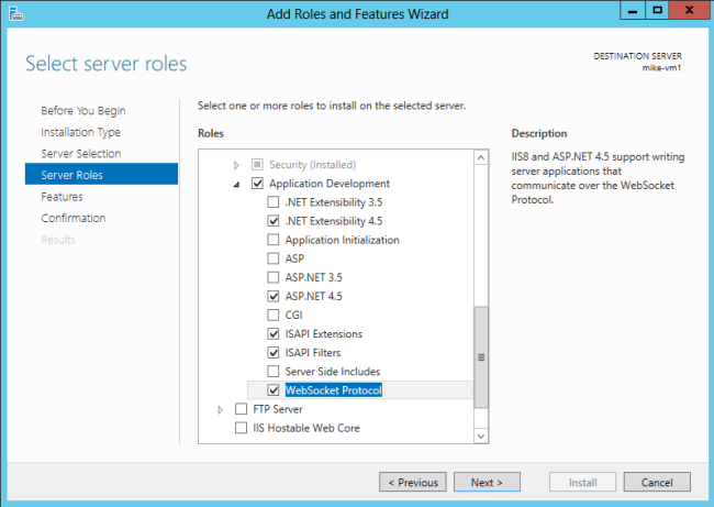 Screenshot that shows Add Roles and Features Wizard. Server Roles and WebSocket Protocol are selected.