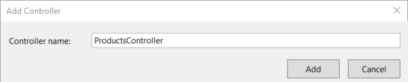 Screenshot of the 'add controller' dialog box, shoing the word 'products controller' in the field box, and the add button under it.