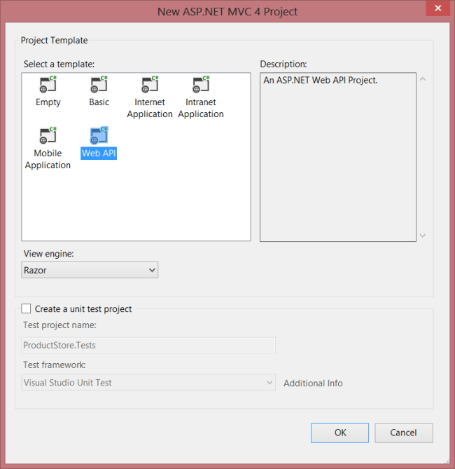 Screenshot of the new A S P dot NET project, showing boxed images of available templates and highlighting the Web A P I template, in blue.