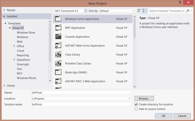 Screenshot of the New Project dialog box showing the Visual C# item in the folder list and the Windows Forms Application item, which is highlighted in gray.