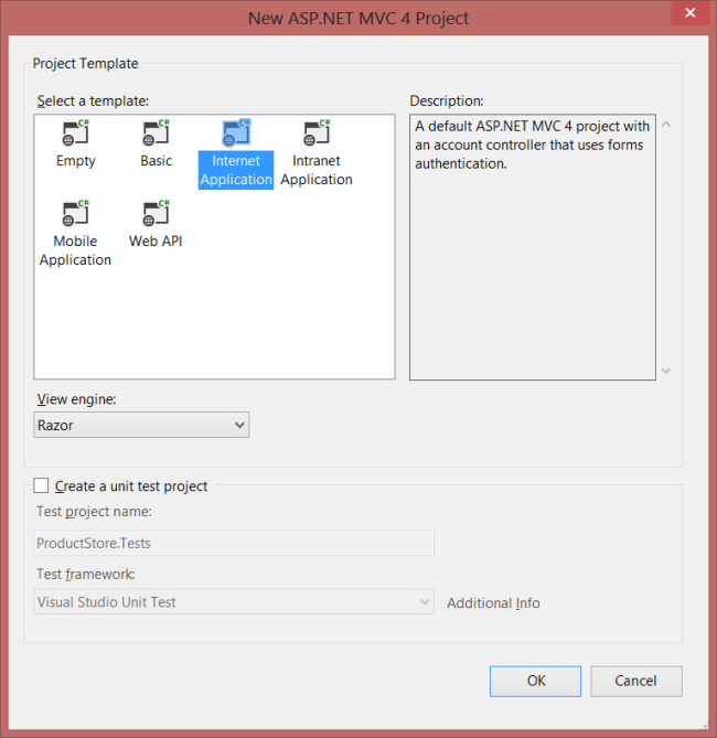 Screenshot of the Visual Studio new A S P dot net M V C 4 project screen. The Internet Application template is highlighted.