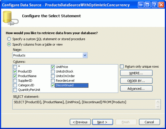 From the Products Table, Return the ProductID, ProductName, UnitPrice, and Discontinued Columns