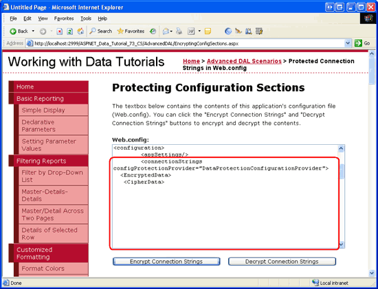 Clicking the Encrypt Connection Strings Button Encrypts the <connectionString> Section