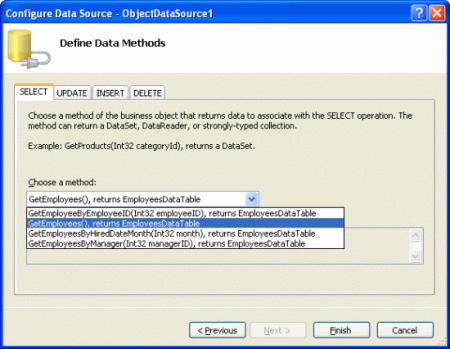 Add a New ObjectDataSource Control that Invokes the GetEmployees() Method