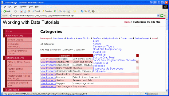 The Menu Control Lists Each of the Categories and Products