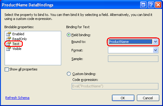 Bind the ProductName and UnitPrice Data Fields to the Text Properties of the TextBoxes