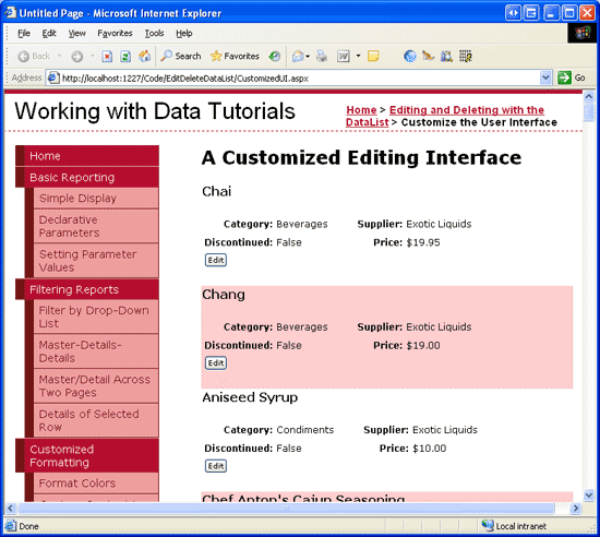 The Name, Supplier, Category, Discontinued Status, and Price of Each Product is Displayed