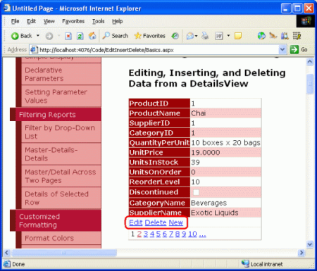 Screenshot of the DetailsView with the CommandField appearing as a bottom row with Insert, Edit, and Delete buttons.