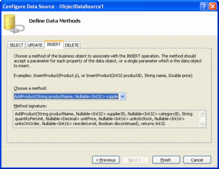 Set the INSERT Tab's Drop-Down List to the AddProduct Method