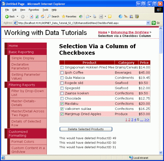 When the Delete Selected Products Button is Clicked the Selected Products ProductIDs are Listed