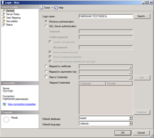 In the Login – New dialog box, in the Login name box, type the name of your web server machine account (for example, FABRIKAM\TESTWEB1$).