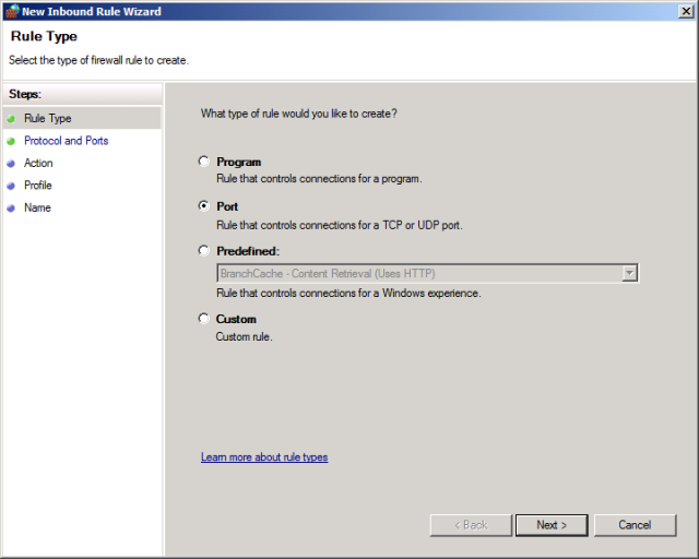 In the New Inbound Rule Wizard, on the Rule Type page, select Port, and then click Next.