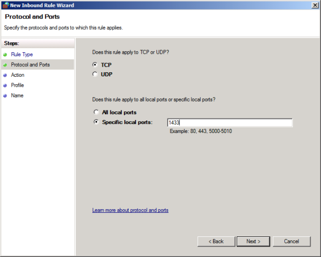 On the Protocol and Ports page, ensure that TCP is selected, and in the Specific local ports box, type 1433, and then click Next.