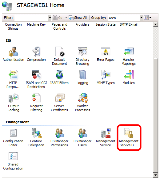 In the center pane, under Management, double-click Management Service Delegation.