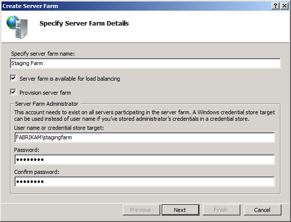 Type the user name and password of the domain account that you added to the local administrators group on each server.