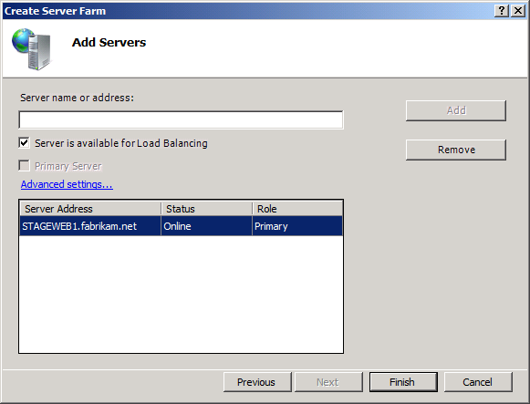 At this point, WFF will attempt to contact the primary server using the credentials you provided. If the connection succeeds, the primary server will be added to the table on the Add Servers page.