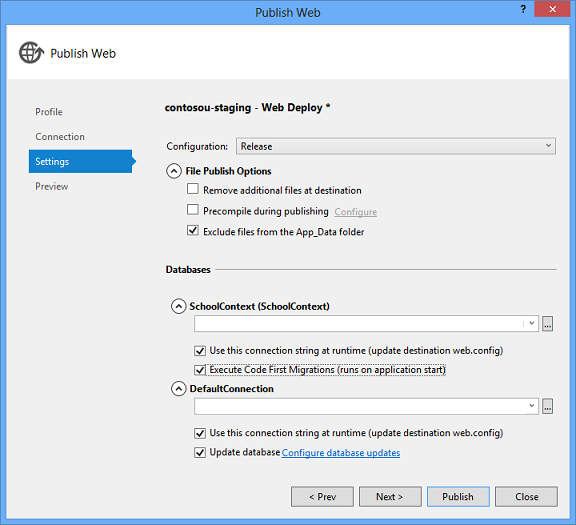 Settings tab for staging