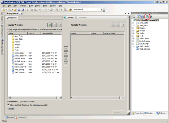 The Copy Web Site Tool's User Interface is Divided Into Two Panes