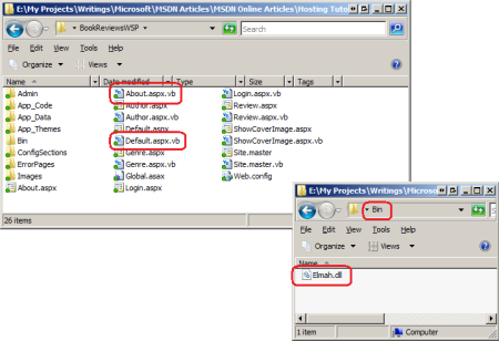 Screenshot that shows the dot a s p x and dot a s p x dot c s files in the project directory.