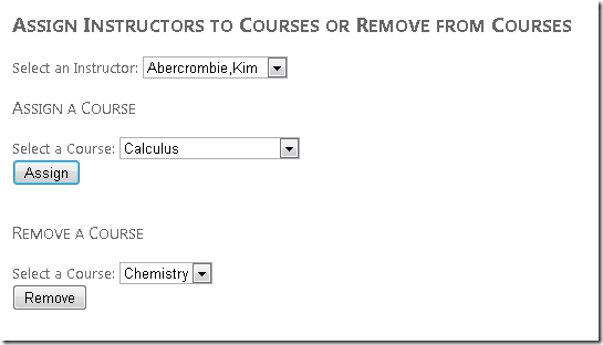 Screenshot of the Internet Explorer window, which is showing the Assign Instructors to Courses or Remove from Courses view.