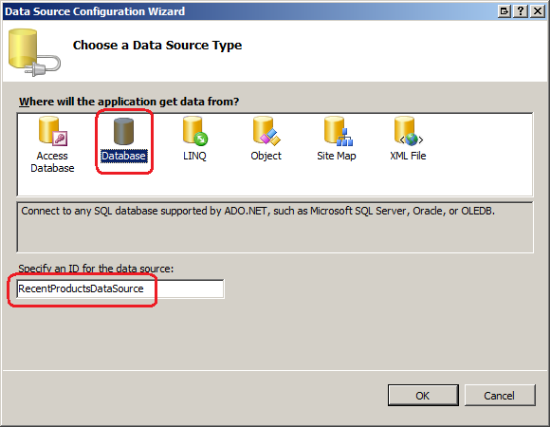 Bind the GridView to a SqlDataSource Control Named RecentProductsDataSource