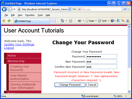 An error message is displayed if you enter a new password that fails to meet the password length and non-alphanumeric character requirements.