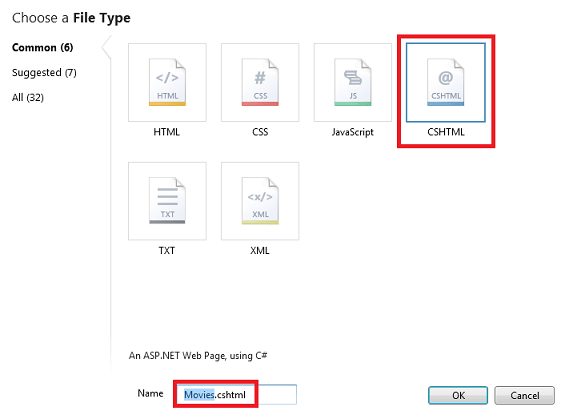 'Choose a File Type' dialog box showing the 'Movies' page