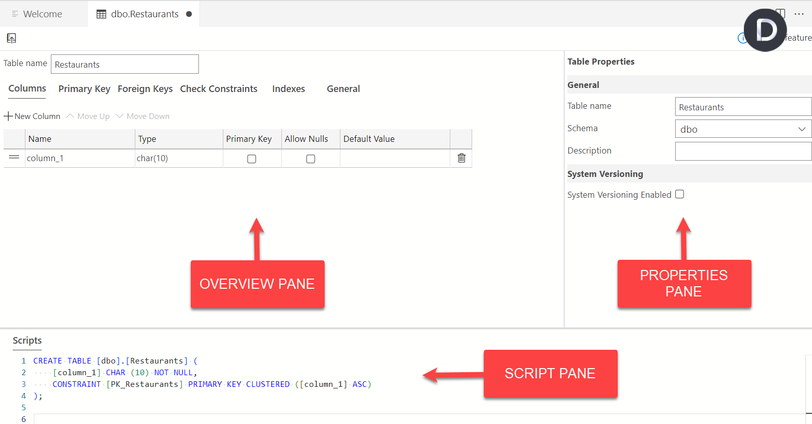 Screenshot of Table Designer showing the three different panes.