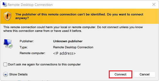 Accept the RDP publisher warning