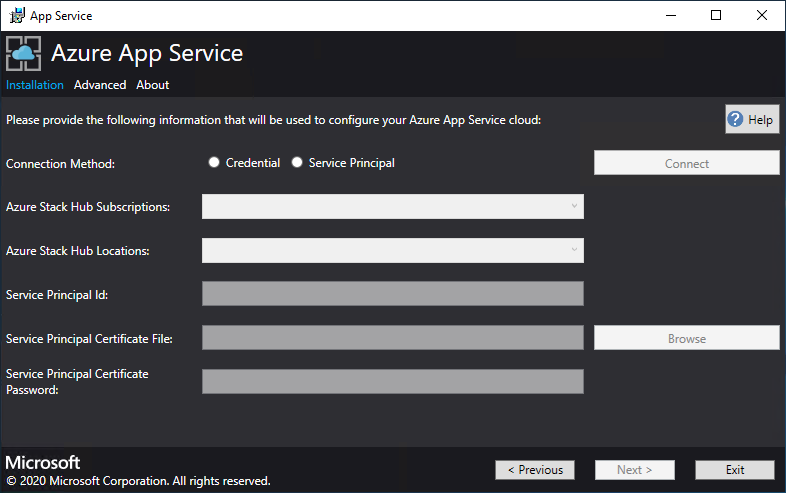 Screenshot that shows where you specify the Azure Stack Hub subscription information in the App Service installer.