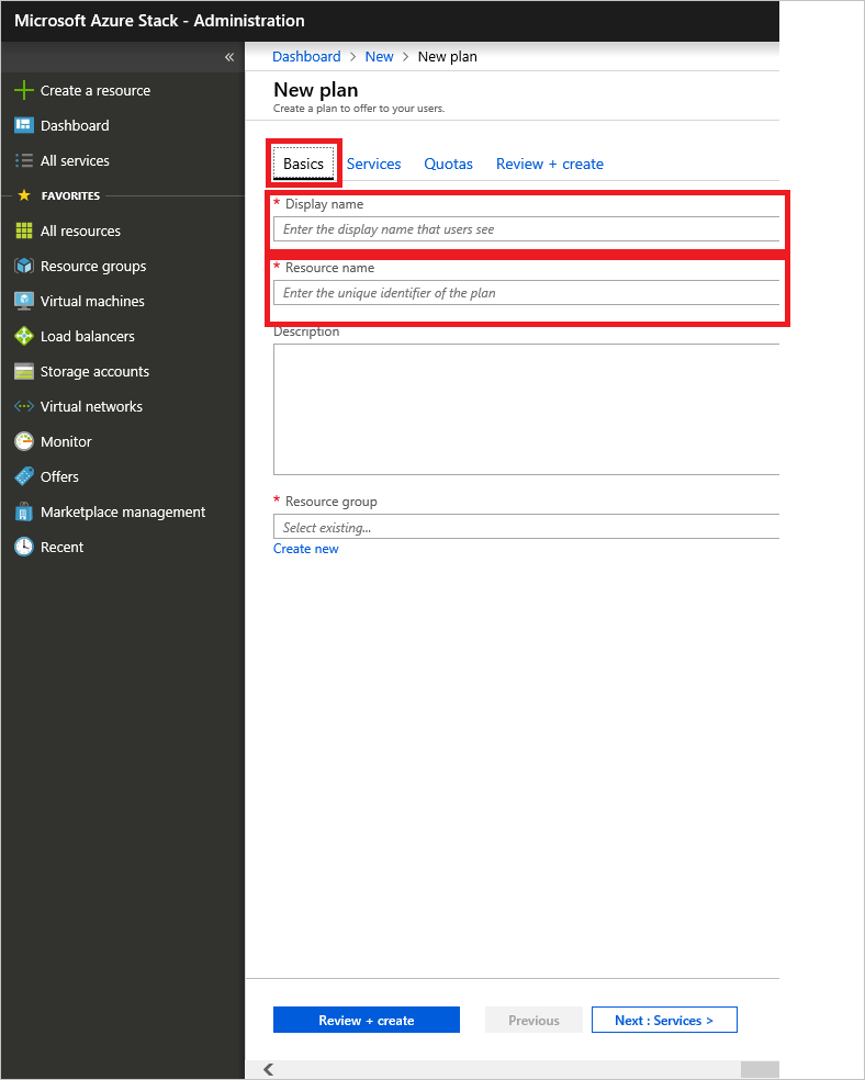 Screenshot that shows how to specify details for new plan in Azure Stack Hub.