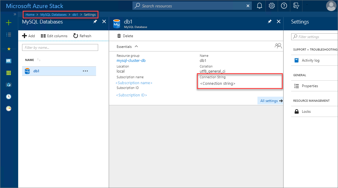 View connection string in Azure Stack Hub user portal