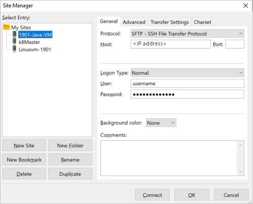 The FileZilla Site Manager pane