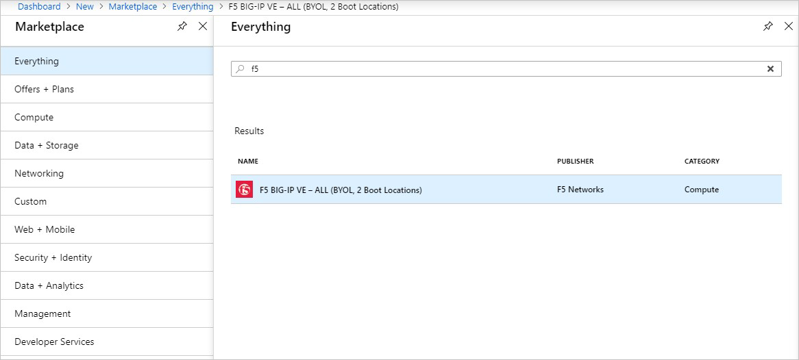 The "Dashboard > New > Marketplace > Everything > F5 BIG-IP VE – ALL (BYOL, 2 Boot Locations)" dialog box shows f5 in the search box. The single search result is "F5 BIG-IP VE – ALL (BYOL, 2 Boot Locations)".