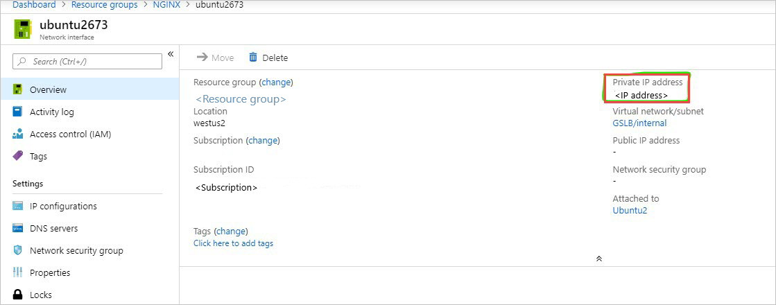 The Overview page of the "Dashboard > Resource groups > NGINX > ubuntu2673" dialog box shows information about the ubuntu2673 network interface.