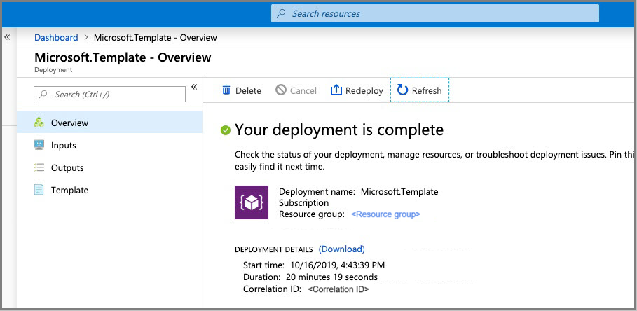 The Overview page of the Microsoft.Template dialog box reports "Your deployment is complete" and provides details about the deployment.