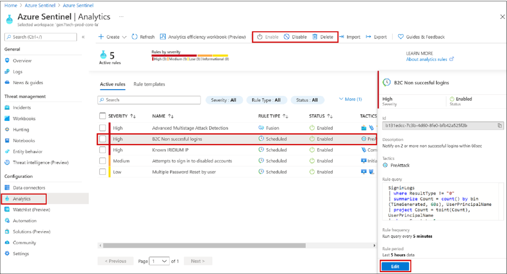 Screenshot of active rules with Enable, Disable, Delete, and Edit options.