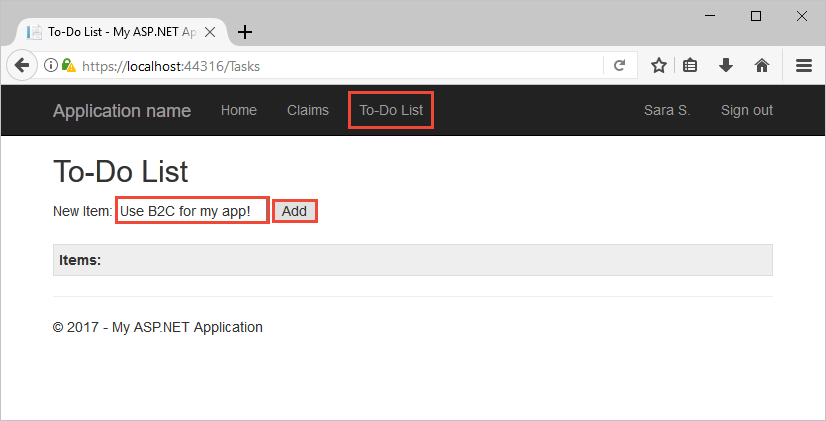 Screenshot of the sample web app in browser with To-Do List link and Add button highlighted.