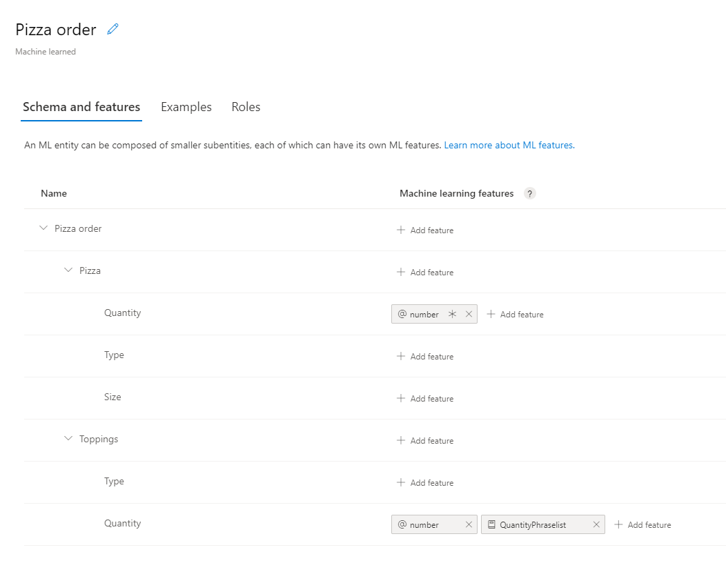 Partial screenshot from portal showing the entity created, a machine-learning entity with subentities and features applied to the `Quantity` subentities.