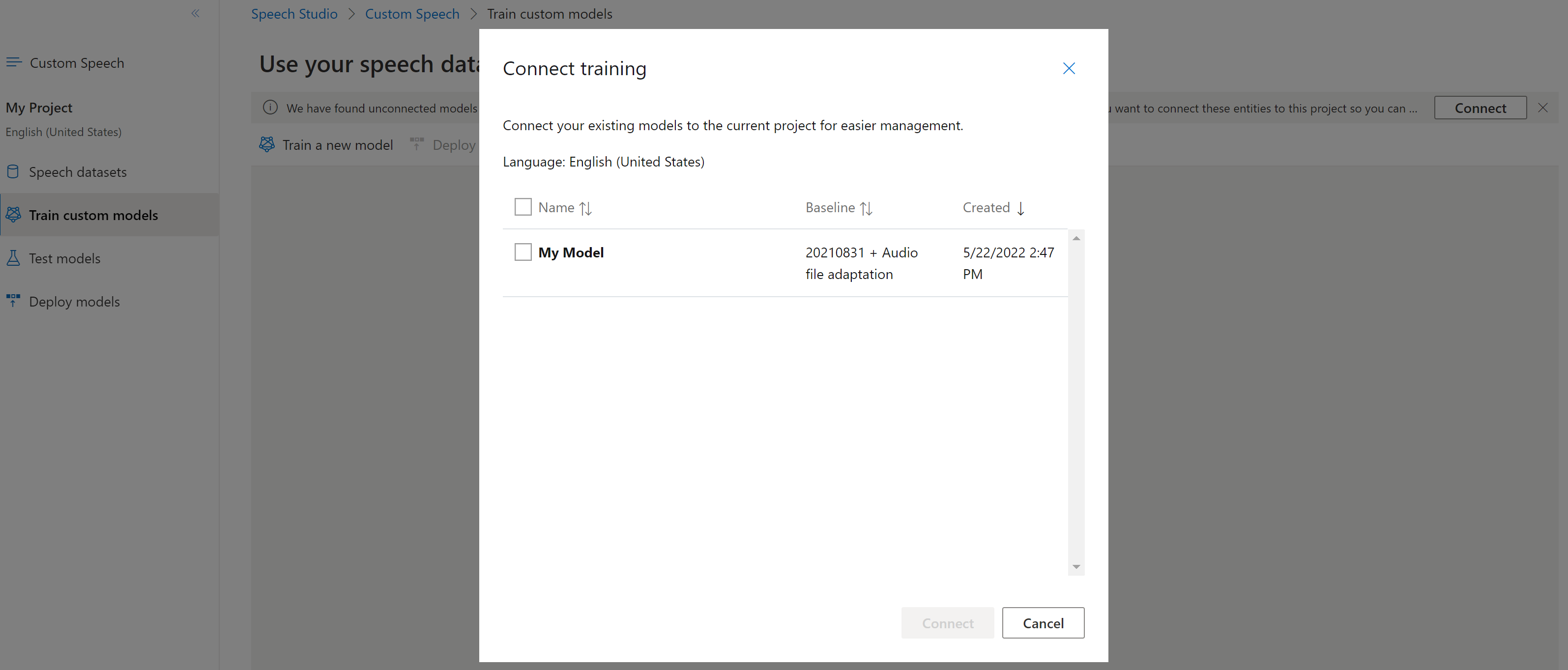 Screenshot of the connect training page that shows models that can be connected to the current project.