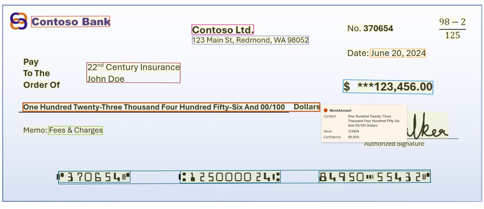 Screenshot of bank check model extraction using Document Intelligence Studio.